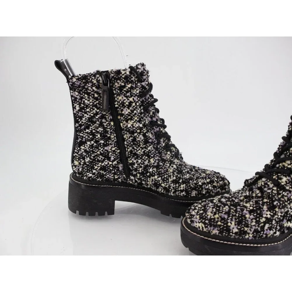 Tory Burch Miller Lug Sole Tweed & Leather Bootie Size 5 Black Women Combat Boot